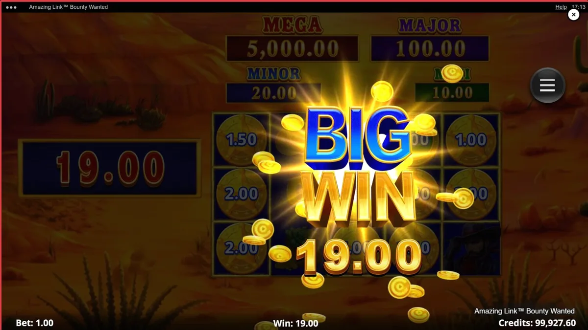 Amazing Link Bounty Wanted slot game interface with desert background