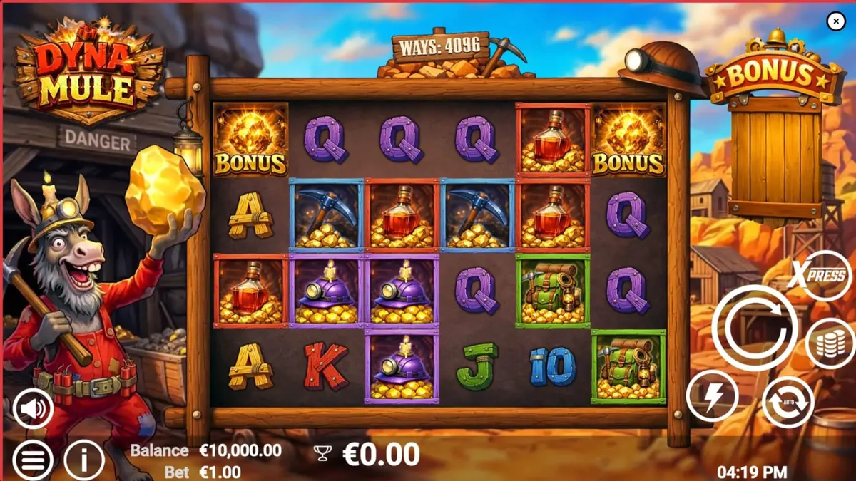 Tampilan visual slot Dyna Mule dengan latar belakang tambang dan simbol-simbol bertema eksplorasi.